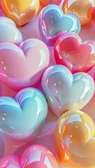 Wall Mural - colorful 3d glossy heart shapes background, ideal for phone wallpapers and romantic designs