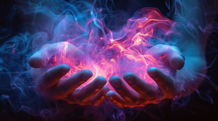 Wall Mural - Glowing magic fantasy hands concept.fantasy wisps of magical glowing neon smoke