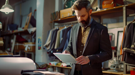 Fototapete - Fashion designer tailor and textile workshop employee browsing and looking at a design on a tablet in a trendy and stylish small business Checking an online clothing order on his compa : Generative AI