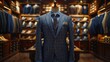 © svastix - A sophisticated blue checkered suit with a matching vest and tie is showcased on a mannequin in a well-lit, spacious boutique filled with suits and accessories.