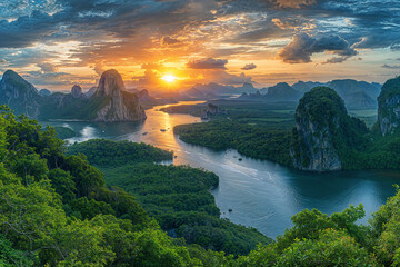 Wall Mural - A panoramic view of the lush greenery and rocky islands under an enchanting sunset