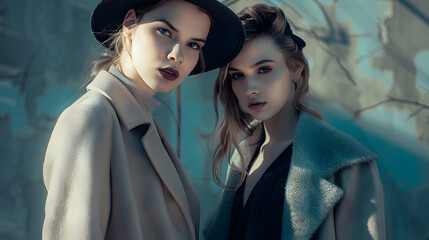 Wall Mural - Fashionable two women in coat and nice dress Fashion autumn winter photo : Generative AI