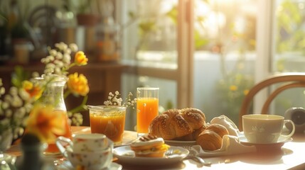 Sunlit breakfast table with pastries and fresh juice.