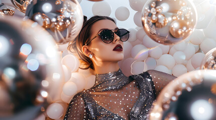 Wall Mural - Beautiful woman in sunglasses and sequin dress among disco balls on white background : Generative AI