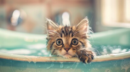 Poster - A cat sitting patiently in a bathtub filled with warm water, ready for a gentle bath