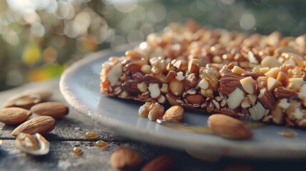 A plate of delicious fast food nut bars with a variety of nuts and honey