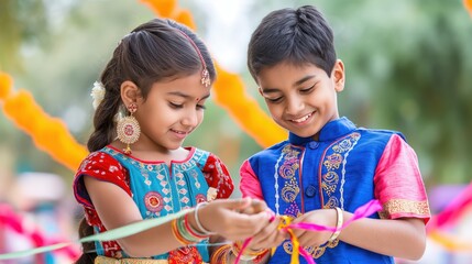 Two children in traditional attire enjoying a festive celebration, smiling and playing with colorful ribbons outdoors.