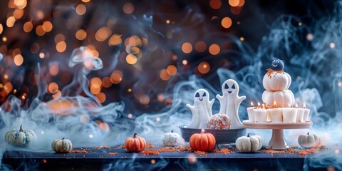 Wall Mural - Spooky Halloween Dessert Buffet Background with Ghostly Treats