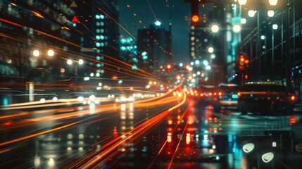 Aufkleber - A cityscape at night with illuminated traffic lights and streaks of car headlights