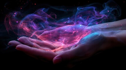 Glowing magic fantasy hands concept.fantasy wisps of magical glowing neon smoke