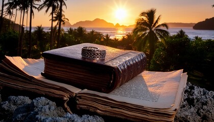 Wall Mural - close up view of antique book with vintage papers and ring on tropic sunset back