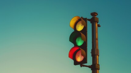 Aufkleber - A close-up of a traffic light showing green, yellow, and red signals against a clear sky background