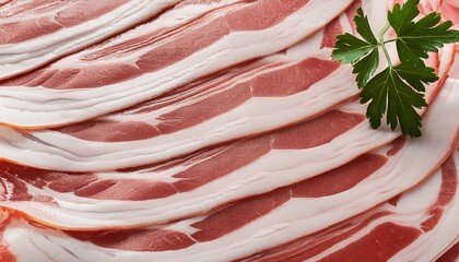 Wall Mural - raw pork bacon texture background close up streaky brisket slices fresh thin sliced bacon meat food ingredient