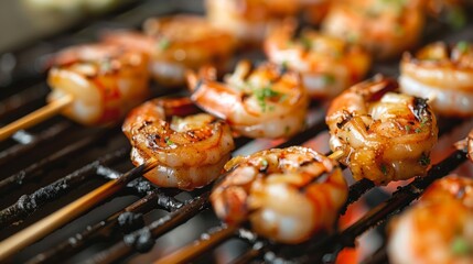 Wall Mural - A close-up of marinated shrimp skewers sizzling on a hot grill, with grill marks visible