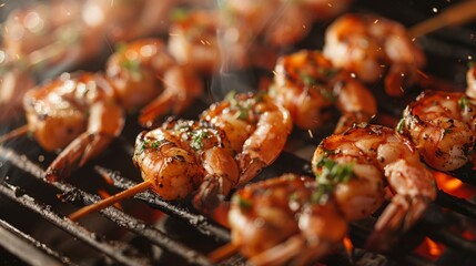 Wall Mural - A close-up of marinated shrimp skewers sizzling on a hot grill, with grill marks visible