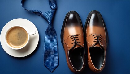 elegant father s day gift theme top view of shoes tie and coffee on deep blue background