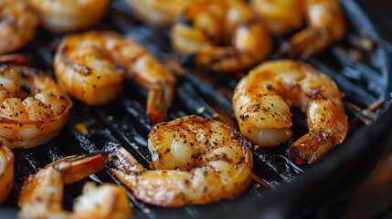 Wall Mural - A close-up of seasoned shrimp grilling on a cast iron grill pan, with visible grill lines