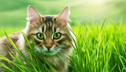 Wall Mural - green grass cat