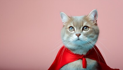 Wall Mural - funny superhero cat in costume looking awayisolated on pastel background with copy space