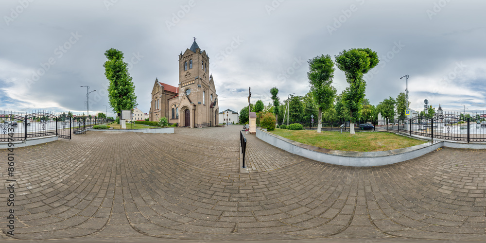 Full Hdri 360 Panorama View On Red Brick Neo Gothic Catholic Church In full-hdri-360-panorama-view-on-red-brick-neo-gothic-catholic-church-in