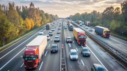 Fototapete - A congested highway with lanes filled with trucks and cars during a holiday weekend