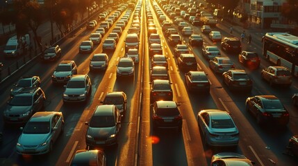 Poster - A congested urban highway during rush hour with rows of cars at a standstill
