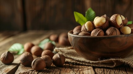 wooden Bowl with nuts on wooden background