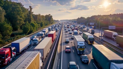 Fototapete - A congested highway with lanes filled with trucks and cars during a holiday weekend