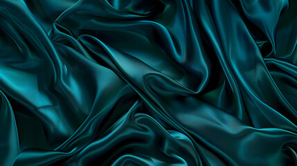 Poster - Dark teal green silk satin Shiny smooth fabric Soft folds Luxury background with space for design web banner Flat lay top view table Birthday Christmas Valentine New year : Generative AI
