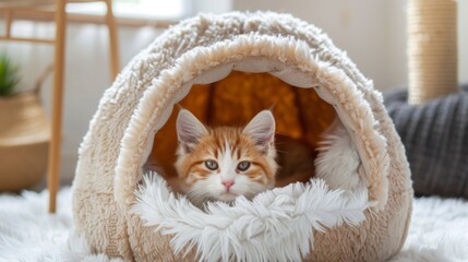 Wall Mural - A cozy cat igloo made of plush fabric, providing warmth and comfort during winter