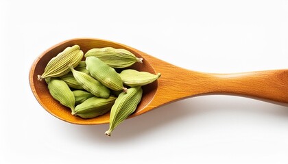 Wall Mural - raw organic green cardamom pods in wooden spoon isolated on white background top view