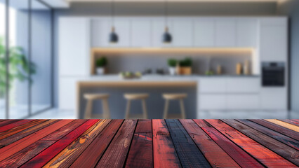 Wall Mural - Wooden table against a blurred Scandinavian kitchen backdrop, designed for effective home kitchen product displays. Empty kitchen counter bar for flexible designs placement.
