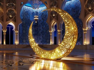 Wall Mural - A massive golden glowing crescent in Mosque at night. Islamic wallpaper background