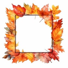 Wall Mural - Watercolor autumn leaves frame on a white background. Seasonal fall concept for Thanksgiving greeting and invitation design. Thin square picture frame decorated with red and yellow colored. AIG35.