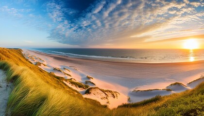 Wall Mural - panoramic view of a dune beach at sunset north sea germany