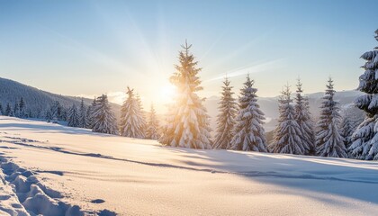 Wall Mural - the concept of the winter solstice sparkling snow in the snowy forest and low sun over the horizon fabulous winter beauty