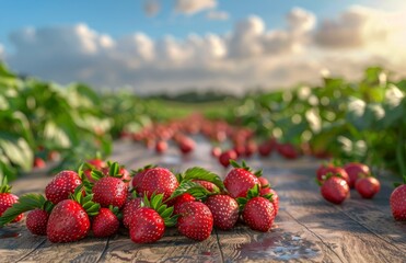 Wall Mural - Freshly Picked Strawberries on Wooden Table in a Sunny Strawberry Field