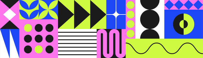 Wall Mural - geometric bright colour pattern print background, bauhaus shapes pattern, bauhaus neo brutalism abst