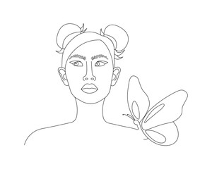 Continuous one line drawing of beautiful woman face with butterfly. Girl outline vector illustration with active stroke, lady in one line style isolated on white background