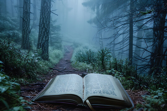 The road through the forest on the pages of an open magic book.