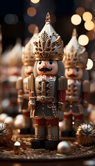 Wall Mural - Nutcracker toy on a dark background. Selective focus.