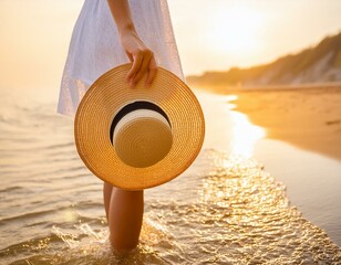 Woman wearing hat standing on shore at beach in summer vacations - stock photo