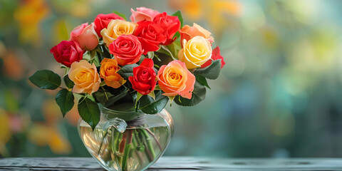 a bouquet of roses in a heart-shaped vase.