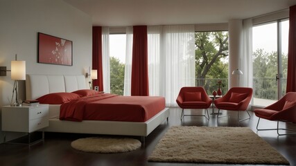 minimalist modern bedroom with a soothing white and red color combination