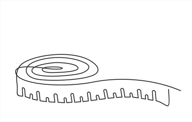 Tape measure in line art drawing style. Flexible ruler black line sketch on white background. Vector illustration