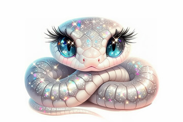 Sticker - 2025 A snake with blue eyes and long lashes is curled up on a white background. 