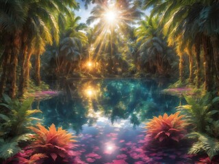 Wall Mural - The sun shines through the mirror of a paradise oasis where the breathtaking scenery is unbelievably vibrant.  Flowers of all colors and sizes paradisiacal trees of all kinds surrounded by tropical 