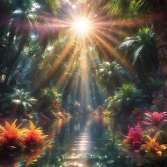 Wall Mural - The sun shines through the mirror of a paradise oasis where the breathtaking scenery is unbelievably vibrant.  Flowers of all colors and sizes paradisiacal trees of all kinds surrounded by tropical 