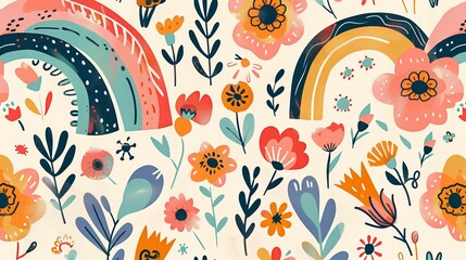 A lovely and lively pattern with rainbow, flowers, and nature-inspired things.