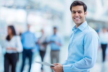 A man in a light blue shirt smiles while holding a tablet in a modern office setting